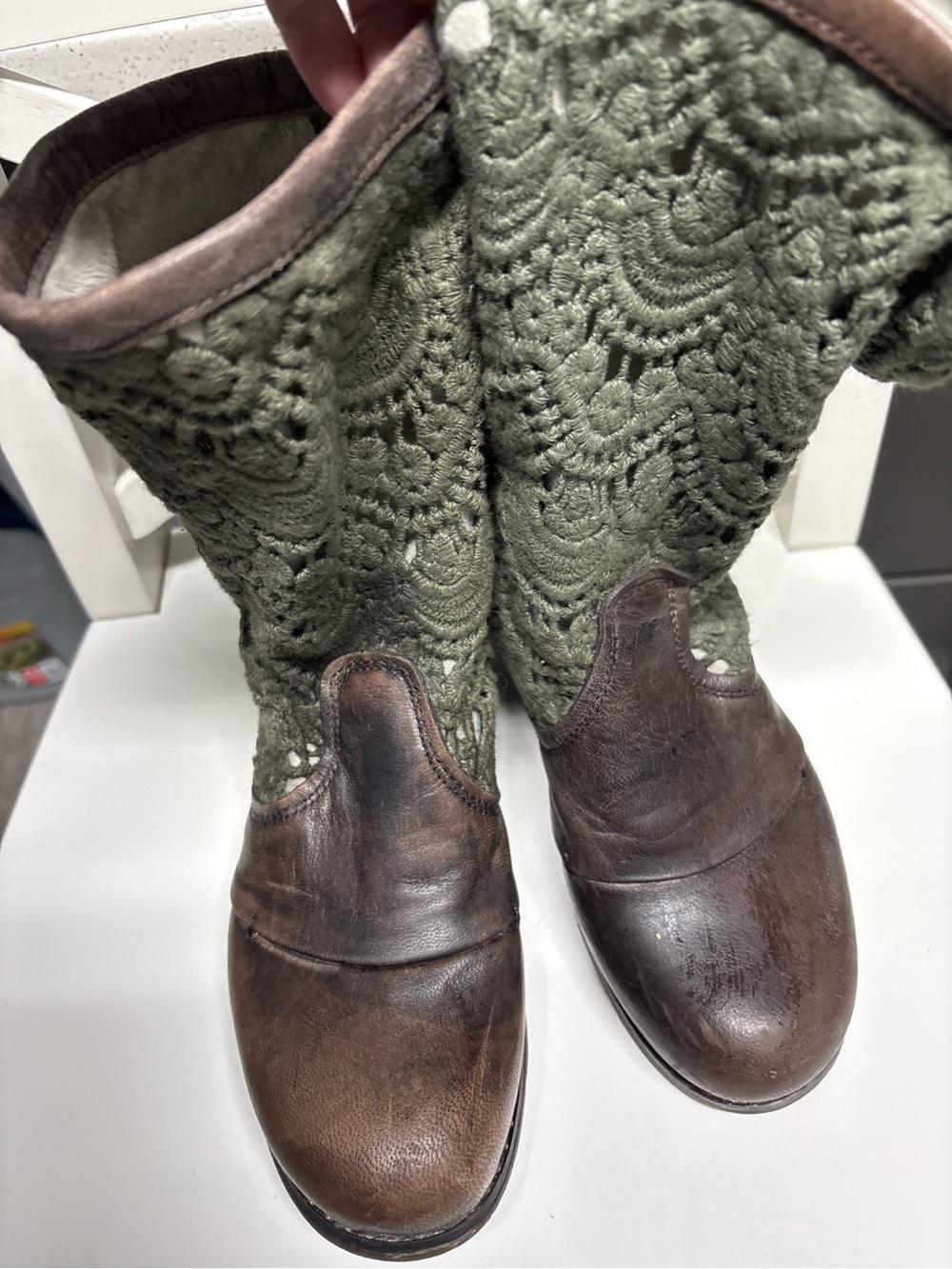 Olive Crochet Shaft Brown Leather Ankle Booties